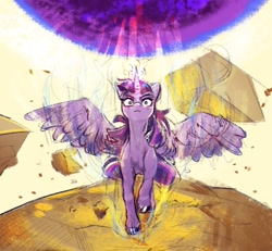 Size: 1854x1711 | Tagged: safe, artist:applephil, imported from derpibooru, twilight sparkle, alicorn, pony, female, frown, horn, imminent death, looking at you, magic, mare, solo, spread wings, twilight sparkle (alicorn), wings