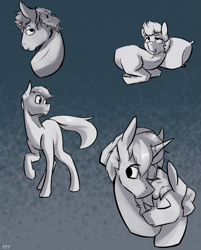 Size: 1147x1424 | Tagged: safe, artist:triplesevens, imported from derpibooru, oc, oc only, earth pony, pony, unicorn, bust, earth pony oc, gradient background, horn, looking at you, male, one eye open, pillow, sleeping, stallion, unicorn oc