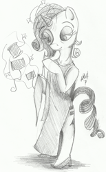 Size: 980x1594 | Tagged: safe, artist:deathnugget-afro, imported from derpibooru, rarity, semi-anthro, unicorn, clothes, dress, grayscale, high heels, lidded eyes, magic, monochrome, old art, pencil drawing, sewing needle, shoes, simple background, solo, spool, telekinesis, thread, traditional art, white background