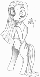 Size: 598x1160 | Tagged: safe, artist:deathnugget-afro, imported from derpibooru, pinkie pie, earth pony, semi-anthro, creepy, creepy grin, grayscale, grin, hooves together, monochrome, old art, pencil drawing, pinkamena diane pie, smiling, solo, traditional art