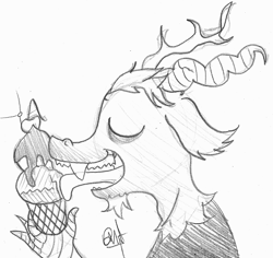 Size: 487x460 | Tagged: safe, artist:deathnugget-afro, imported from derpibooru, discord, draconequus, 2012, eyes closed, food, grayscale, ice cream, ice cream cone, licking, monochrome, old art, pencil drawing, profile, requested art, solo, tongue out, traditional art, turnip