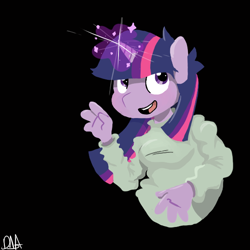 Size: 576x576 | Tagged: safe, artist:deathnugget-afro, imported from derpibooru, twilight sparkle, anthro, unicorn, 2012, black background, clothes, female, old art, open mouth, open smile, simple background, smiling, solo, unicorn twilight