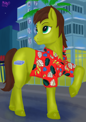 Size: 1216x1728 | Tagged: safe, artist:maxud, imported from derpibooru, oc, oc only, oc:maxud, earth pony, pony, clothes, earth pony oc, hawaiian shirt, palm tree, shirt, solo, tree, unshorn fetlocks