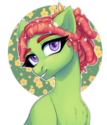 Size: 2576x2996 | Tagged: safe, artist:nika-rain, imported from derpibooru, tree hugger, earth pony, pony, accessory, big eyes, bust, chamomile, chest fluff, clothes, colored eyebrows, colored pupils, cute, dreadlocks, ear fluff, eyebrows, eyebrows visible through hair, eyelashes, eyes open, fanart, female, floppy ears, flower, flower in hair, fluffy, g4, gritted teeth, happy, headscarf, high res, long mane, mare, patterned background, petals, ponytail, portrait, scarf, simple background, sketch, smiling, solo, teeth, thick eyebrows, three quarter view, transparent background, two toned mane, white background