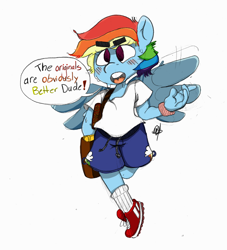 Size: 1024x1128 | Tagged: safe, artist:deathnugget-afro, imported from derpibooru, rainbow dash, anthro, pegasus, bag, clothes, eyebrows, eyebrows visible through hair, old art, shirt, shoes, shorts, shoulder bag, simple background, solo, speech bubble, sweatband, t-shirt, thick eyebrows, white background