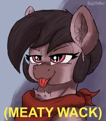 Size: 1191x1353 | Tagged: safe, artist:reddthebat, imported from derpibooru, oc, oc only, oc:number nine, earth pony, pony, bust, chest fluff, ear fluff, earth pony oc, female, lidded eyes, mare, neckerchief, solo, text, tongue out