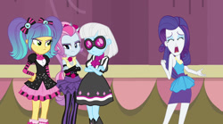 Size: 1280x714 | Tagged: safe, artist:bigpurplemuppet99, artist:gmaplay, edit, edited screencap, imported from derpibooru, screencap, photo finish, pixel pizazz, rarity, violet blurr, human, equestria girls, rainbow rocks, female, rarity peplum dress