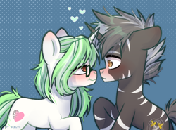 Size: 2496x1850 | Tagged: safe, artist:shelti, imported from derpibooru, oc, oc only, pony, unicorn, abstract background, blushing, colored pupils, commission, duo, female, frown, glasses, heart, heart eyes, horn, horns are touching, lidded eyes, looking at each other, looking at someone, male, raised hoof, shipping, shocked, signature, smiling, standing, straight, stripes, unicorn oc, wingding eyes