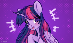 Size: 2500x1476 | Tagged: safe, artist:shelti, imported from derpibooru, twilight sparkle, alicorn, pony, colored pupils, cute, emanata, female, folded wings, looking at you, mare, open mouth, open smile, raised hoof, signature, smiling, smiling at you, solo, starry eyes, twiabetes, twilight sparkle (alicorn), wingding eyes, wings