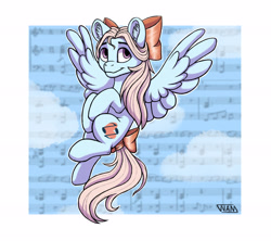 Size: 4500x4000 | Tagged: safe, artist:whatamellon, imported from derpibooru, oc, oc only, pegasus, pony, bow, hair bow, music notes, pegasus oc, simple background, solo, tail, tail bow, white background