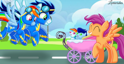 Size: 1980x1020 | Tagged: safe, artist:mlplary6, imported from derpibooru, rainbow dash, scootaloo, soarin', oc, oc:blue skies, oc:speedy dash, pegasus, pony, aunt, auntie scootaloo, baby, baby carrier, baby pony, babysitting, clothes, colt, eyes closed, female, filly, flying, foal, happy, male, mare, momma dash, offspring, older, older scootaloo, parent:rainbow dash, parent:soarin', parents:soarindash, pegasus oc, shipping, siblings, sisters, smiling, soarindash, stallion, straight, twins, uniform, wonderbolts headquarters, wonderbolts uniform