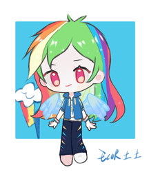 Size: 980x1132 | Tagged: safe, artist:ecor土土, imported from derpibooru, rainbow dash, human, pegasus, chibi, female, humanized, light skin, simple background, solo