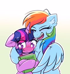 Size: 3245x3423 | Tagged: safe, artist:confetticakez, imported from derpibooru, rainbow dash, twilight sparkle, alicorn, pegasus, pony, blushing, book, cute, dashabetes, duo, eyes closed, female, gradient background, hug, lesbian, open mouth, shipping, twiabetes, twidash, twilight sparkle (alicorn), winghug, wings