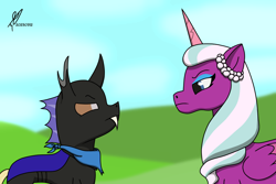 Size: 1500x1000 | Tagged: safe, artist:alejandrogmj, imported from derpibooru, opaline arcana, oc, oc:alejandrogmj, alicorn, changeling, pony, spoiler:g5, changeling oc, clothes, g5, looking at each other, looking at someone, scarf