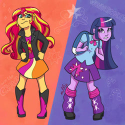 Size: 400x400 | Tagged: safe, artist:milliedubois, imported from derpibooru, sunset shimmer, twilight sparkle, human, equestria girls, boots, clothes, duo, high heel boots, jacket, shirt, shoes, skirt, vest