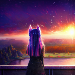 Size: 1280x1280 | Tagged: safe, imported from derpibooru, twilight sparkle, anthro, ai content, ai generated, clothes, forest, generator:purplesmart.ai, generator:stable diffusion, pond, prompter:nightluna, rear view, sky, solo, standing, sunset, water