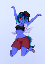 Size: 2056x2920 | Tagged: safe, artist:kutoshi, imported from derpibooru, oc, oc only, oc:beth, anthro, plantigrade anthro, breasts, clothes, female, hair, hat, jumping, looking at you, midriff, open clothes, open mouth, open shirt, open smile, sandals, shorts, smiling, solo