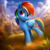 Size: 1024x1024 | Tagged: safe, imported from derpibooru, rainbow dash, pegasus, pony, ai content, ai generated, chest fluff, cloud, ear fluff, female, fluffy, folded wings, generator:stable diffusion, grass, mare, rainbow, solo, wings