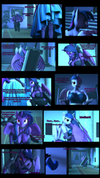 Size: 2160x3840 | Tagged: safe, artist:nightmarezoroark, imported from derpibooru, twilight sparkle, oc, oc:midnight sparkle, anthro, comic:mlp nightmare rises, 3d, clothes, comic, dialogue, dress, female, hug, mother and child, mother and daughter, socks, source filmmaker, stockings, striped socks, sword, thigh highs, weapon