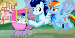 Size: 1980x1020 | Tagged: safe, artist:mlplary6, imported from derpibooru, rainbow dash, soarin', oc, oc:blue skies, oc:speedy dash, pegasus, pony, baby, baby carrier, baby pony, colt, family, female, filly, flying, foal, happy, looking at each other, looking at someone, male, mare, momma dash, offspring, parent:rainbow dash, parent:soarin', parents:soarindash, pegasus oc, pushing, shipping, siblings, smiling, smiling at each other, soarindash, stallion, straight, twins