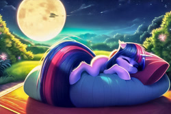 Size: 768x512 | Tagged: safe, imported from derpibooru, twilight sparkle, pony, unicorn, ai content, ai generated, cute, eyes closed, female, generator:novelai, generator:stable diffusion, horn, lying down, mare, moon, night, outdoors, prompter:endless--, prone, scenery, sleeping, solo, tail, twiabetes, unicorn twilight