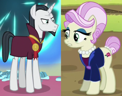 Size: 776x611 | Tagged: safe, edit, edited screencap, imported from derpibooru, screencap, chancellor neighsay, rosetta, earth pony, pony, unicorn, brotherhooves social, school daze, beehive hairdo, blazer, clothes, coat, crack shipping, cropped, eyeshadow, facial hair, female, goatee, jacket, jewelry, makeup, male, mare, medallion, necklace, neighsetta, pearl necklace, shipping, shirt, stallion, straight