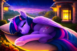 Size: 1728x1152 | Tagged: safe, imported from derpibooru, twilight sparkle, alicorn, pony, ai content, ai generated, butt, cute, dock, ear fluff, eyes closed, female, frog (hoof), generator:novelai, generator:stable diffusion, horn, lying down, mare, night, on side, outdoors, plot, prompter:endless--, scenery, sleeping, solo, tail, twilight sparkle (alicorn), underhoof, wings