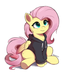 Size: 1200x1300 | Tagged: safe, artist:bugplayer, imported from derpibooru, fluttershy, pegasus, pony, black hoodie, blue eyes, clothes, cute, female, folded wings, hoodie, mare, shyabetes, signature, simple background, sitting, smiling, solo, white background, wings