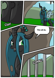 Size: 2480x3507 | Tagged: safe, artist:rex-equinox, imported from derpibooru, part of a set, queen chrysalis, changeling, changeling queen, bars, comic, commission, story included