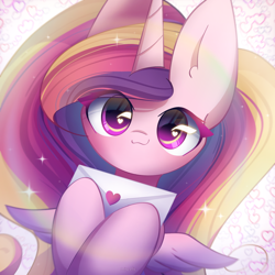 Size: 2100x2100 | Tagged: safe, artist:miryelis, imported from derpibooru, princess cadance, alicorn, pony, big ears, big eyes, colored wings, cute, cutedance, gradient mane, gradient wings, heart, heart eyes, horn, impossibly large ears, letter, long hair, looking at you, signature, smiling, smiling at you, solo, spread wings, wingding eyes, wings