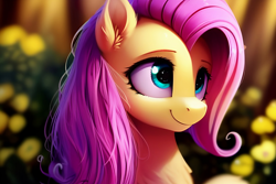 Size: 1536x1024 | Tagged: safe, editor:nightluna, imported from derpibooru, fluttershy, pegasus, pony, ai content, ai generated, cute, ear fluff, eyebrows, eyelashes, female, flower, generator:purplesmart.ai, generator:stable diffusion, mare, messy mane, prompter:nightluna, shyabetes, smiling, solo, sunlight, the quality of ai art is frightening