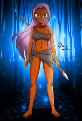 Size: 1280x1891 | Tagged: safe, artist:danielitamlp, imported from derpibooru, oc, oc:shaily melodi, human, equestria girls, barefoot, breasts, dark skin, feet, female, frown, not fluttershy, solo, spear, weapon