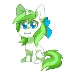 Size: 750x750 | Tagged: artist needed, safe, imported from derpibooru, oc, oc:minty root, pony, unicorn, bow, cute, hair bow, horn, simple background, solo, unicorn oc, white background