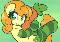 Size: 2388x1668 | Tagged: safe, artist:moozua, imported from derpibooru, carrot top, golden harvest, earth pony, pony, carrot, carrot plushie, clothes, eye clipping through hair, female, food, high res, mare, smiling, socks, solo, striped socks