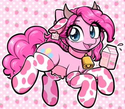 Size: 2048x1793 | Tagged: safe, artist:moozua, imported from derpibooru, pinkie pie, cow, cow pony, pony, bell, bell collar, blushing, clothes, collar, cowbell, cowified, cowprint, ear tufts, eye clipping through hair, female, looking at you, milk, milk carton, open mouth, open smile, pincow pie, smiling, socks, solo, species swap, strawberry milk, udder