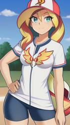Size: 864x1536 | Tagged: safe, imported from derpibooru, sunset shimmer, human, equestria girls, ai content, ai generated, baseball, baseball cap, breasts, cap, clothes, cloud, female, generator:novelai, generator:stable diffusion, grass, hand on hip, hat, humanized, jersey, looking at you, outdoors, prompter:sammykun, shirt, shorts, sky, small breasts, smiling, solo, sports, sports outfit