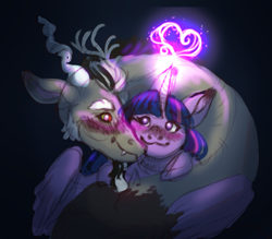 Size: 2403x2109 | Tagged: safe, artist:pinekelpiano, imported from derpibooru, discord, twilight sparkle, alicorn, draconequus, pony, :3, blushing, coils, discolight, duo, duo male and female, eyebrows, eyebrows visible through hair, female, glowing, glowing horn, heart, high res, horn, hug, looking at each other, looking at someone, magic, magic aura, male, mare, shipping, smiling, smiling at each other, straight, twilight sparkle (alicorn)