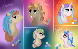 Size: 4000x2500 | Tagged: safe, artist:loopina, imported from derpibooru, oc, oc:caramel bomber, oc:cutie, oc:jasmine, oc:lemon, oc:misty, earth pony, pegasus, pony, unicorn, bust, buste, female, filly, foal, male, portrait, reference, simple background