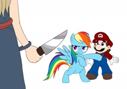 Size: 2048x1431 | Tagged: safe, artist:aaliyah_rosado, artist:user15432, imported from derpibooru, rainbow dash, human, pegasus, pony, (mario) the music box, alice aduraice, crossover, knife, mario, simple background, super mario bros., white background