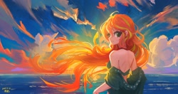 Size: 1920x1013 | Tagged: safe, artist:tinybenz, imported from derpibooru, sunset shimmer, human, adorasexy, bare shoulders, clothes, cute, female, flowing hair, humanized, looking at you, looking back, looking back at you, ocean, sexy, shimmerbetes, sleeveless, solo, sparkly eyes, sunset, swimsuit, water, wingding eyes