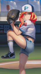 Size: 864x1536 | Tagged: safe, imported from derpibooru, sunset shimmer, human, equestria girls, ai content, ai generated, baseball, baseball cap, baseball glove, breasts, cap, clothes, cloud, denim, denim shorts, generator:novelai, generator:stable diffusion, grass, hat, humanized, jersey, looking at you, outdoors, pitcher, prompter:sammykun, raised leg, reference used, shirt, shoes, shorts, sky, small breasts, smiling, sneakers, socks, solo, sports, sports outfit, stadium