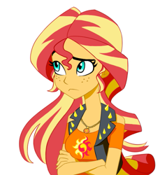 Size: 655x715 | Tagged: safe, artist:ignoto_delta, imported from derpibooru, sunset shimmer, human, equestria girls, crossed arms, female, freckles, geode of empathy, magical geodes, peppered bacon, simple background, solo, white background