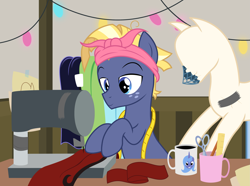 Size: 3025x2254 | Tagged: safe, artist:badumsquish, derpibooru exclusive, imported from derpibooru, princess luna, star tracker, alicorn, earth pony, pony, clothes, coffee, cup, desk, drawing, dress, duct tape, fabric, fairy lights, female, freckles, grin, headband, hoof hold, male, mannequin, mare, measuring tape, mug, pencil, ruler, s1 luna, scissors, sewing, sewing machine, show accurate, smiling, solo, stallion, starcrossed, tape, this will end in crossdressing