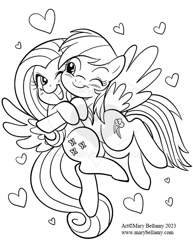 Size: 501x648 | Tagged: safe, artist:marybellamy, imported from derpibooru, fluttershy, rainbow dash, pegasus, pony, black and white, cheek to cheek, duo, female, floating heart, flutterdash, grayscale, heart, hug, lesbian, lineart, looking at each other, looking at someone, monochrome, one eye closed, one eye open, shipping, simple background, smiling, spread wings, watermark, white background, wings