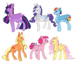 Size: 3674x3073 | Tagged: safe, artist:pinekelpiano, imported from derpibooru, applejack, fluttershy, pinkie pie, rainbow dash, rarity, twilight sparkle, alicorn, earth pony, pegasus, pony, unicorn, alternate hairstyle, female, jewelry, mane six, mare, necklace, short mane, simple background, straw in mouth, twilight sparkle (alicorn), white background