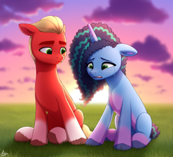 Size: 1100x1000 | Tagged: safe, artist:luminousdazzle, imported from derpibooru, sprout cloverleaf, earth pony, pony, unicorn, cloud, comforting, crying, curly hair, duo, female, freckles, g5, gradient hooves, grass, grass field, green eyes, looking down, male, mare, misty brightdawn, multicolored mane, sitting, stallion, sunset, unshorn fetlocks