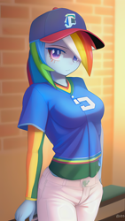 Size: 864x1536 | Tagged: safe, editor:sammykun, imported from derpibooru, rainbow dash, human, equestria girls, ai assisted, ai content, baseball, baseball cap, breasts, brick wall, cap, clothes, denim, detached sleeves, female, generator:novelai, generator:stable diffusion, hat, indoors, jeans, jersey, looking at you, pants, reasonably sized breasts, serious, serious face, shirt, sky, solo, sports, sports outfit