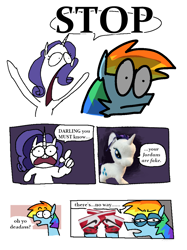 Size: 3060x4096 | Tagged: safe, artist:punkittdev, imported from derpibooru, rainbow dash, rarity, pegasus, pony, unicorn, comic, dialogue, jordans, shoes, simple background, sneakers, squint, suddenly hands, toy, wat, white background