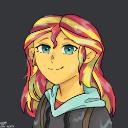 Size: 2048x2048 | Tagged: safe, artist:cola_3107, imported from derpibooru, sunset shimmer, human, equestria girls, clothes, female, gray background, simple background, smiling, solo, wet, wet clothes, wet hair