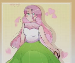 Size: 1080x901 | Tagged: safe, artist:whittywayy, imported from derpibooru, fluttershy, human, blushing, book, clothes, dress, eye clipping through hair, female, heart, humanized, signature, solo